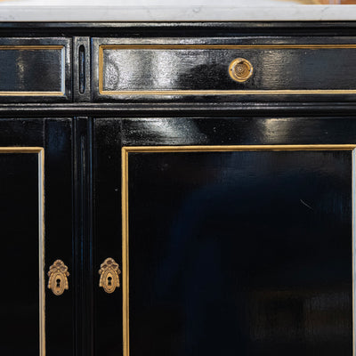Louis XVI Black Lacquer Sideboard – Gold Inaly & White Marble Top