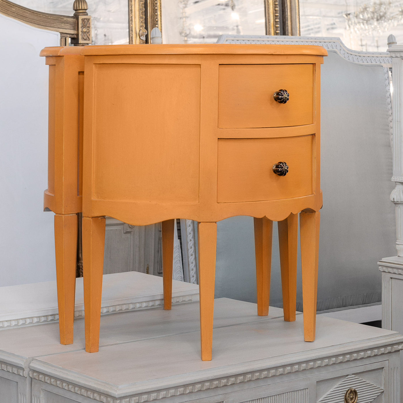 Swedish 2-Drawer Orange Demilune Nightstands - Black Hardware