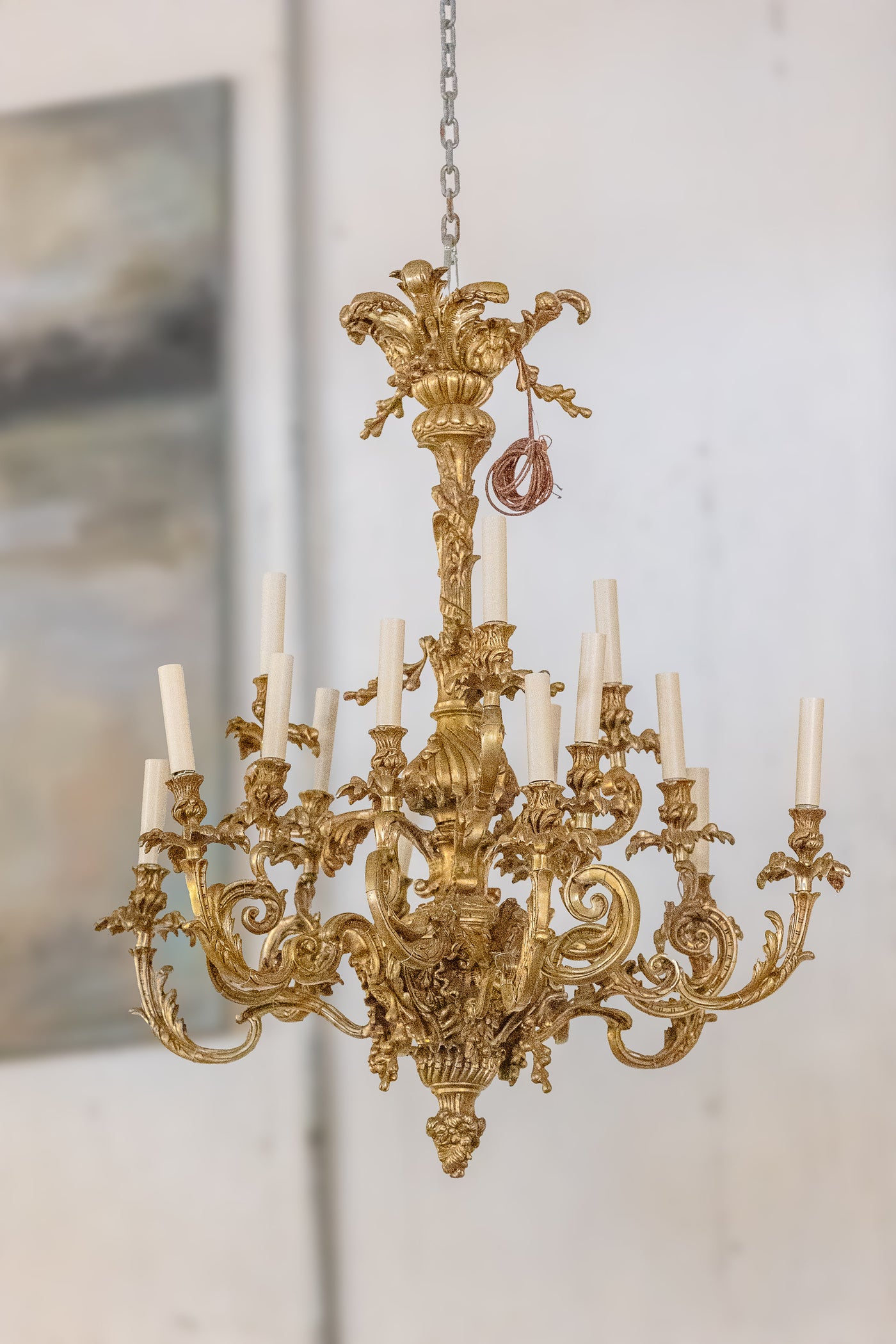 Grand Antique Brass Candelabra Chandelier with Intricate Carvings | Le Chateau | European Luxury Furniture in Atlanta