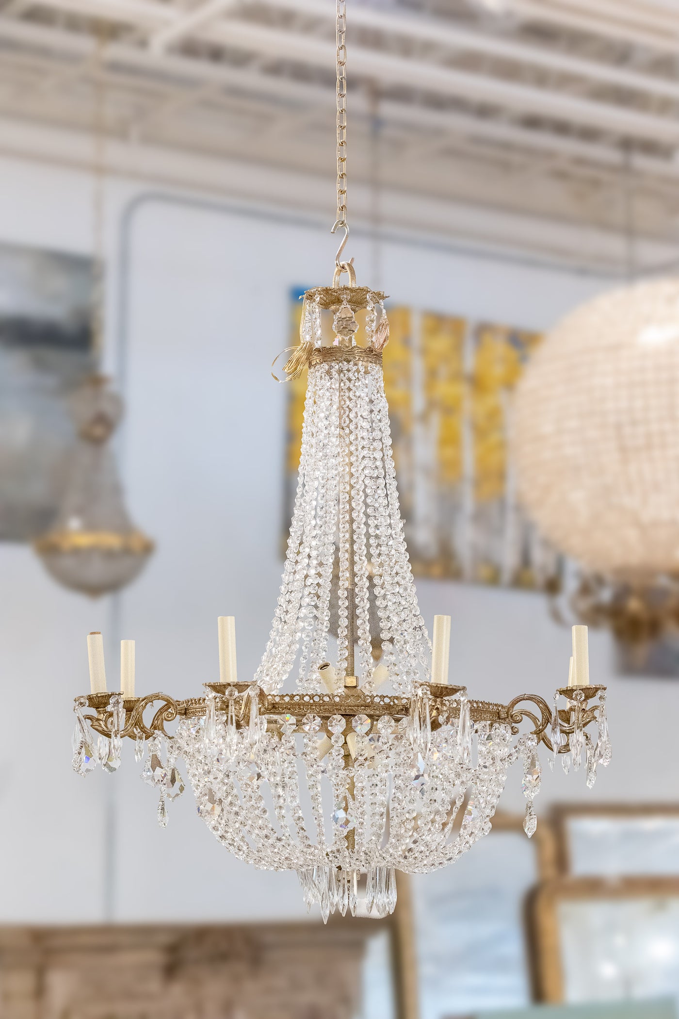 Antique French Brass Chandelier with Cascading Crystals | Le Chateau | European Luxury Furniture in Atlanta