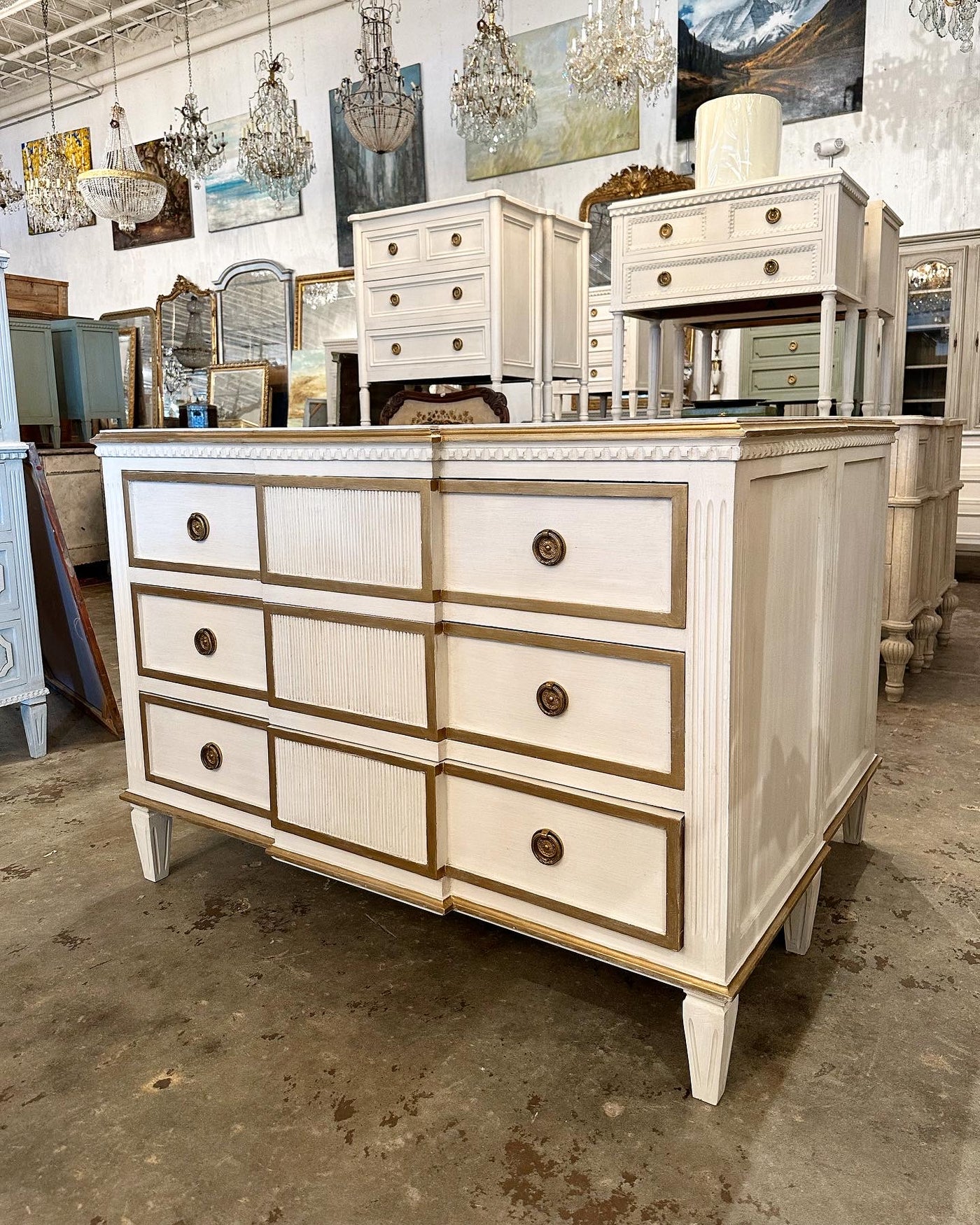 Swedish Chest of Drawers with Reeding & Gold Trim | Le Chateau | European Luxury Furniture in Atlanta