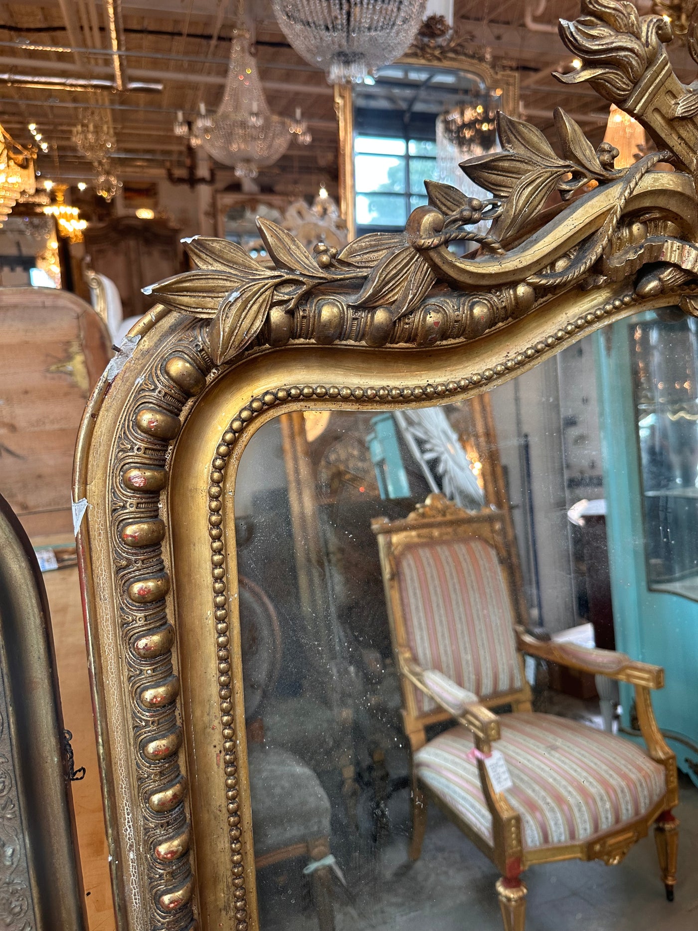 18th Century French Mirror with Leaf & Beaded Carving