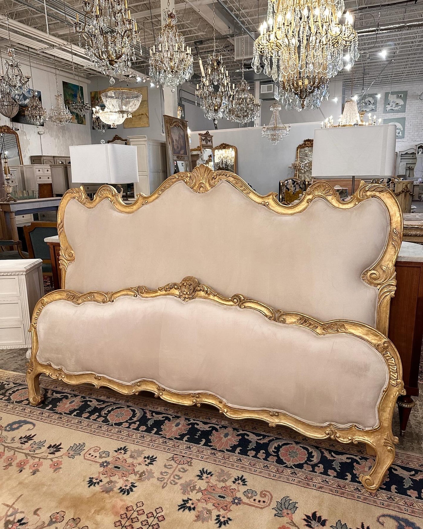 French Queen Size Bed Set with Off-White Upholstery