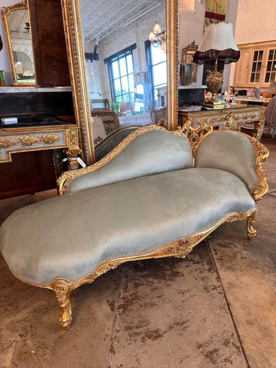 Antique French Louis XV Chaise Lounge in Baby Blue Velvet