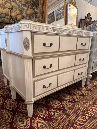 Antique White Swedish Chest with Greek Key Trim | Le Chateau | European Luxury Furniture in Atlanta