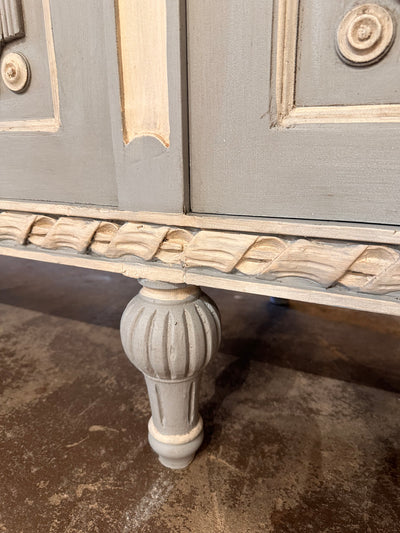 Antique Swedish Demilune Sideboard in French Blue & White | Le Chateau | European Luxury Furniture in Atlanta