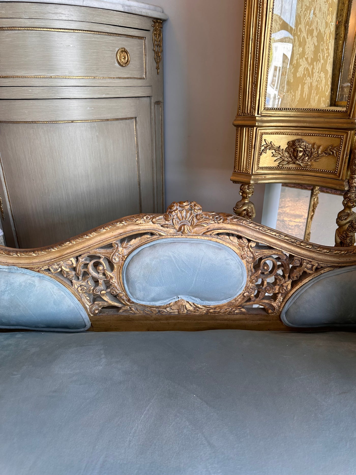 Louis XVI Baby Blue Velvet Settee