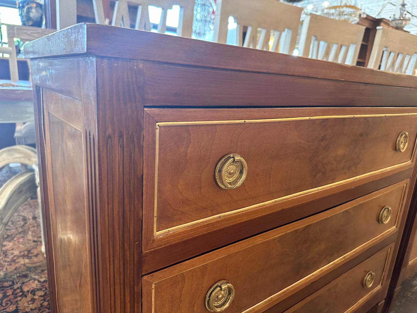 Antique Swedish Burl Wood Chest with Brass Trim | Le Chateau | European Luxury Furniture in Atlanta