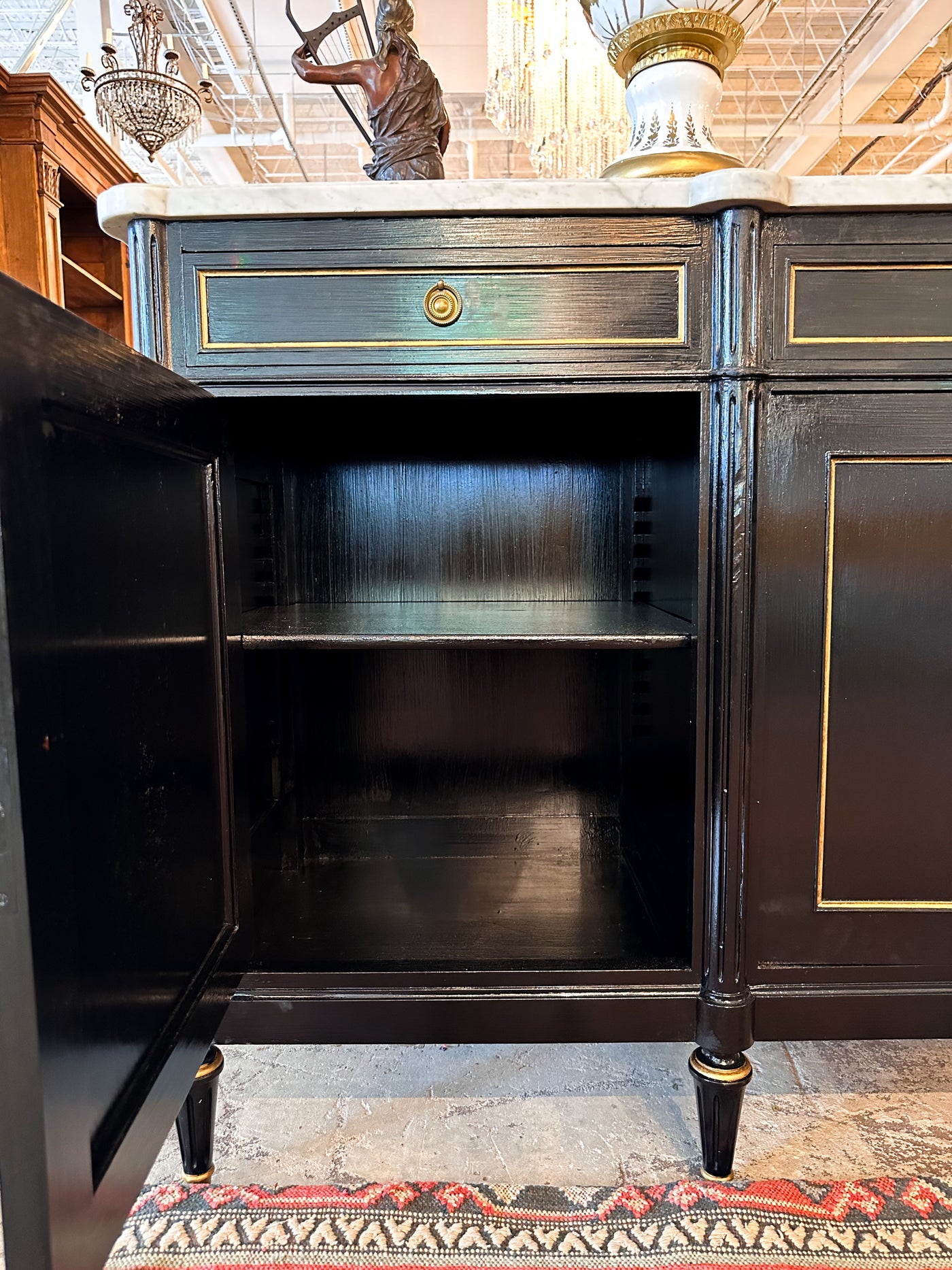 Black Lacquered Louis XVI Sideboard with White Marble