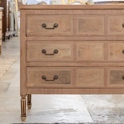 Louis XVI Stripped Burl Wood 3-Drawer Chest - Square Brass Handle