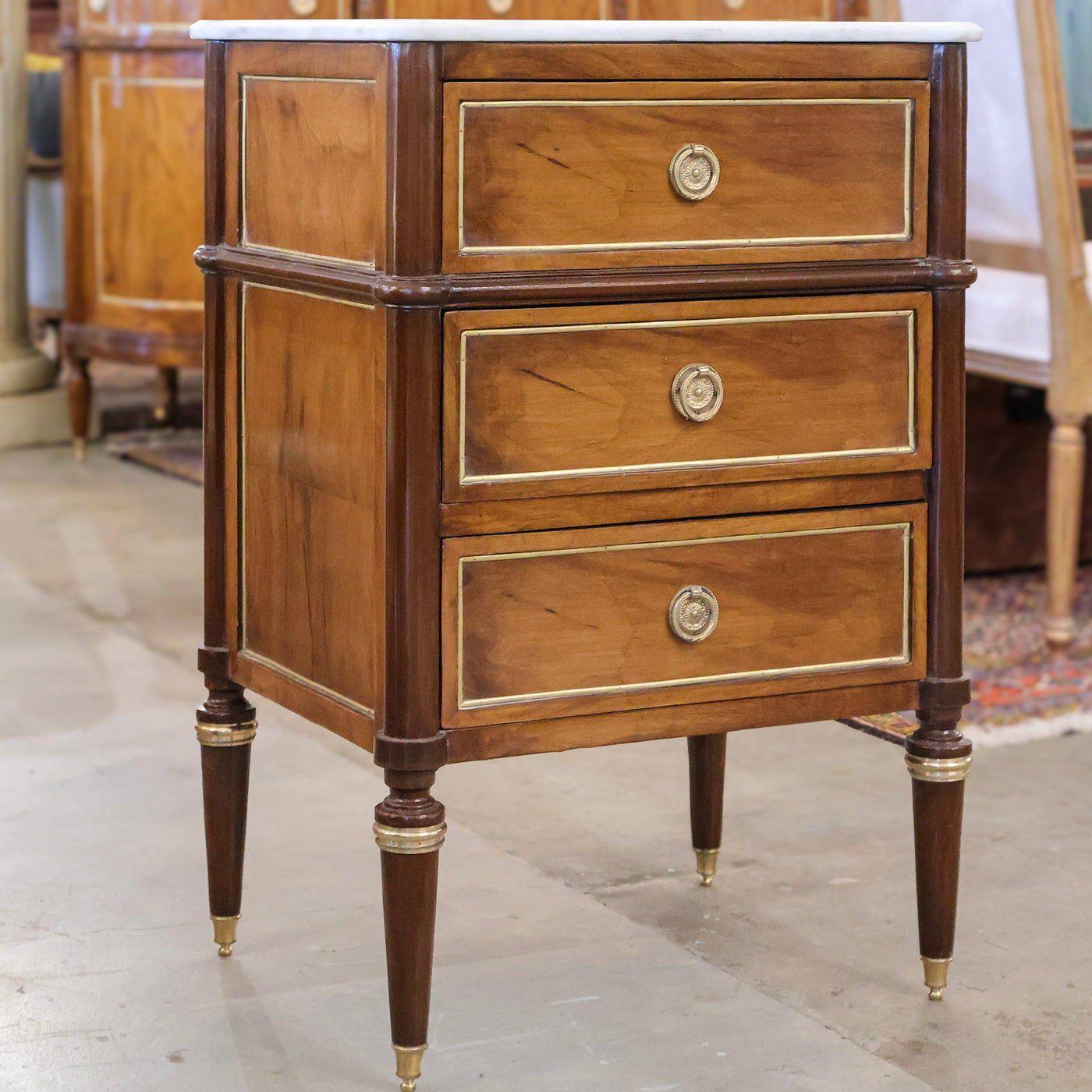 Louis XVI Burl Wood Square Nightstand –Rounded Marble Top & Brass Pulls