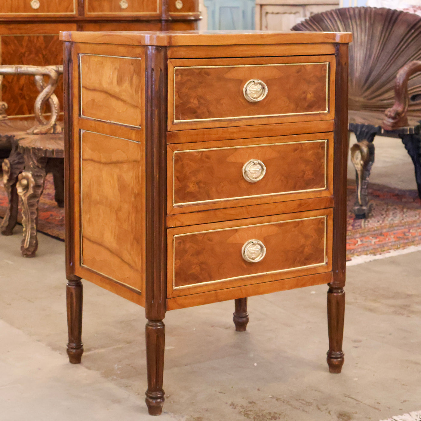 Louis XVI Burl Wood Nightstand with Rounded Wood Top & Large Brass Pulls