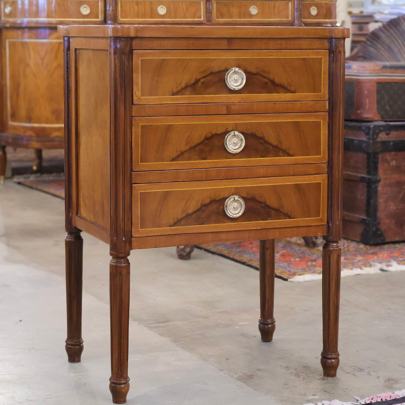 Louis XVI Tall Rounded Corner Burl Wood Nightstand