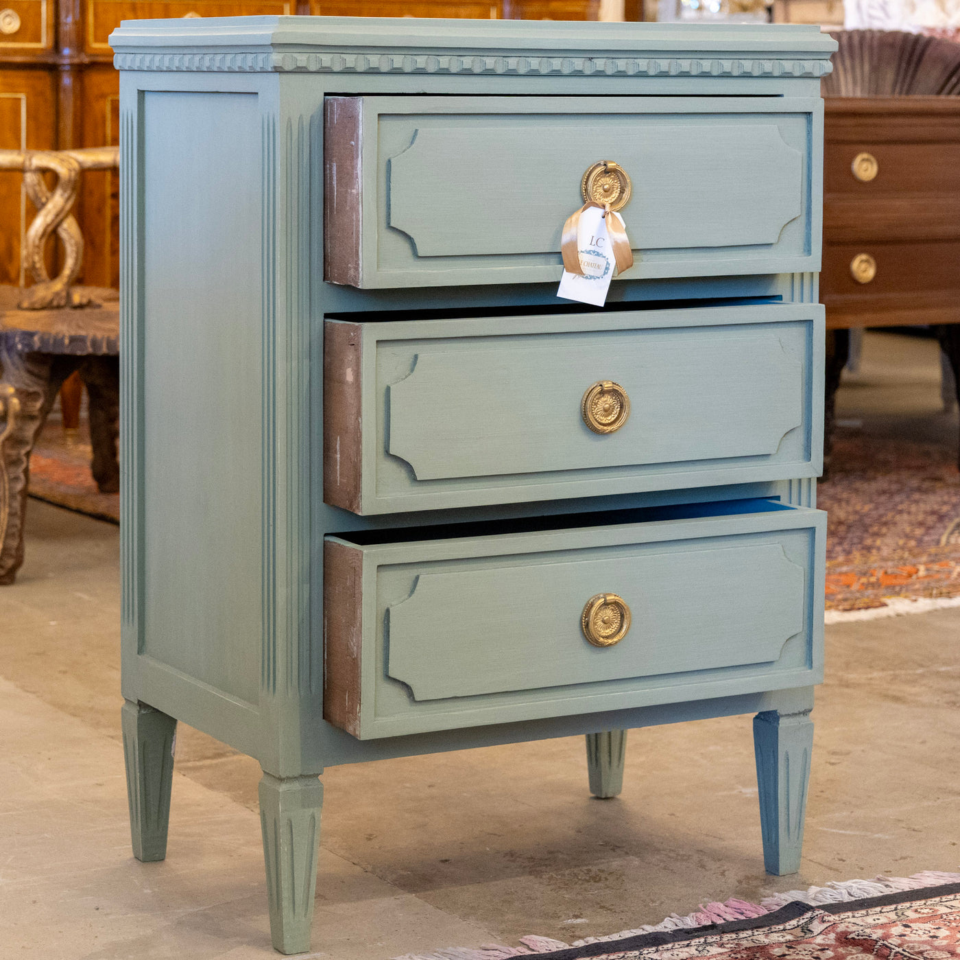 Swedish 3-Drawer Nightstand– Round Brass Pulls & Tapered Legs in Green