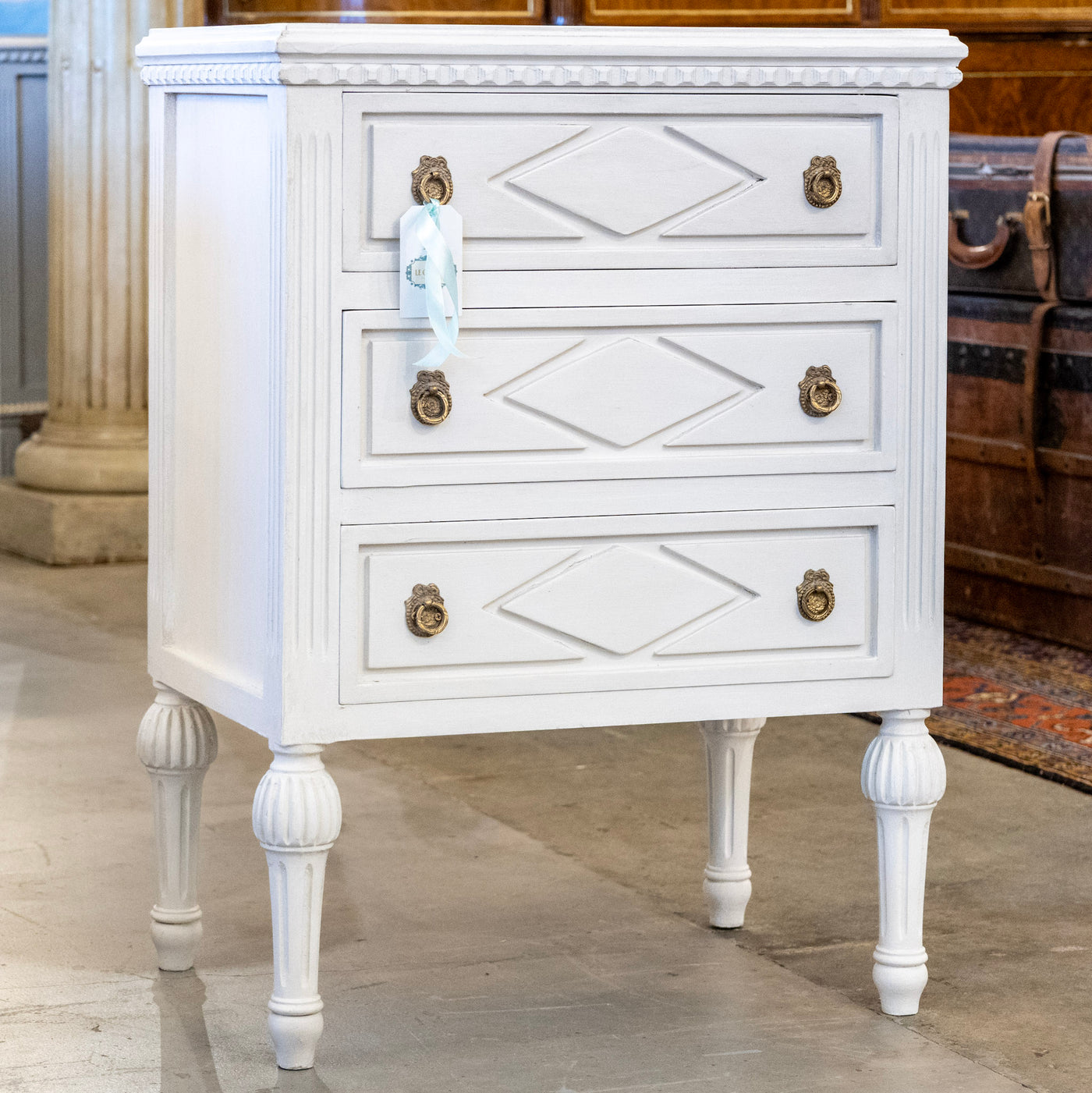 Swedish 3-Drawer Nightstand – Diamond Trim & Fluted Ballerina Legs in White