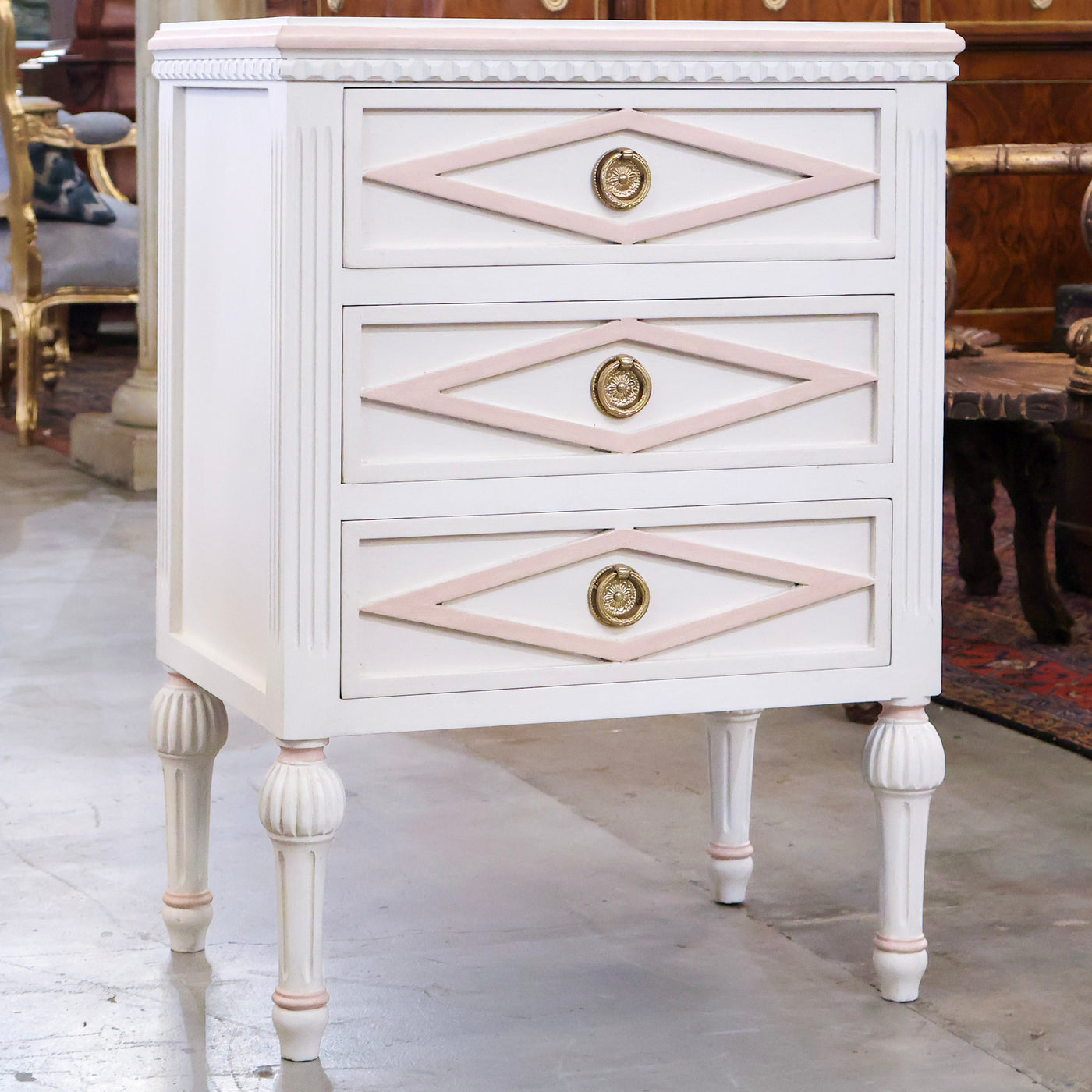 Swedish 3-Drawer Nightstand – Pink Diamond Trim & Ballerina Legs