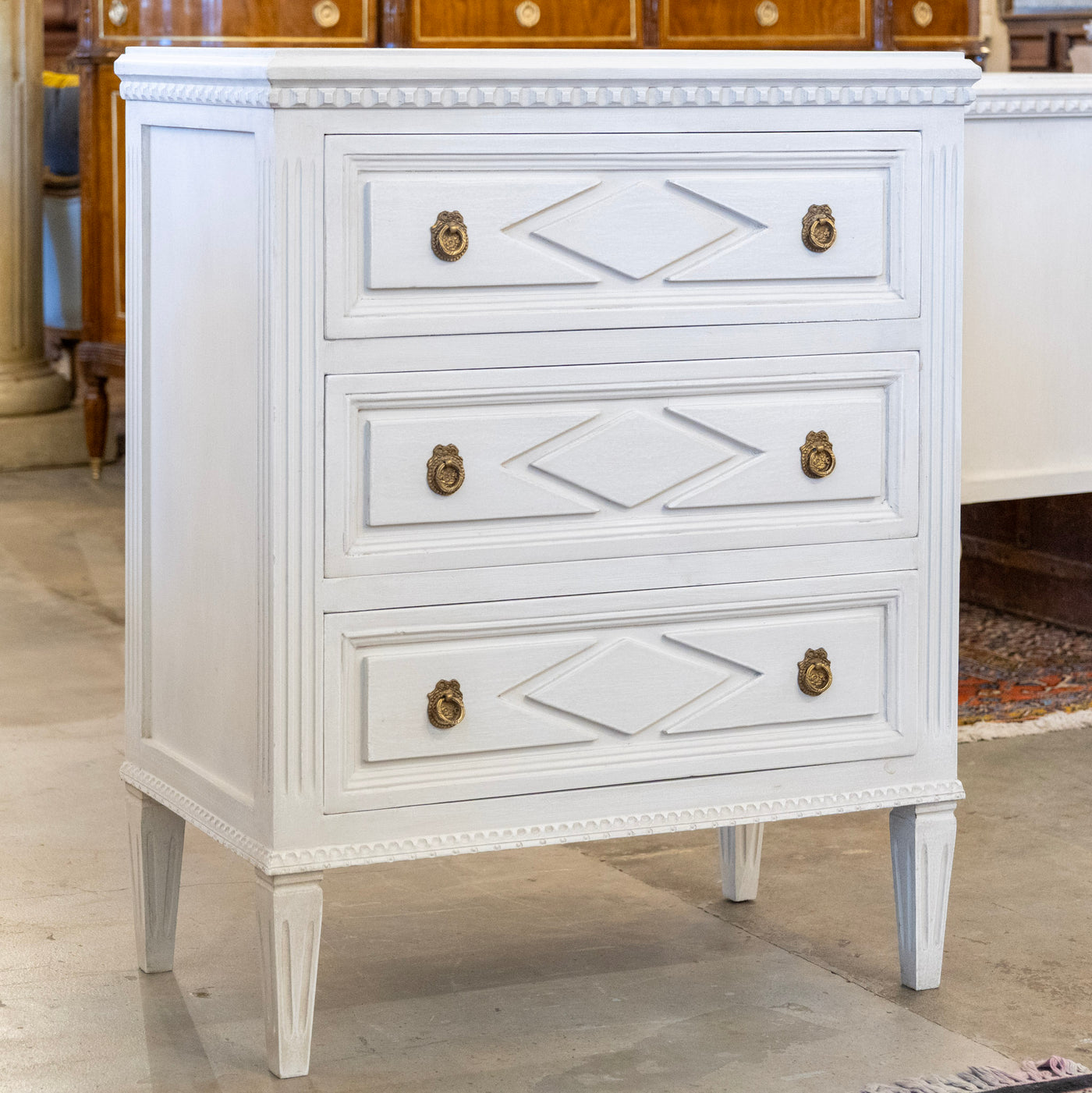 Swedish 3-Drawer Nightstand – Diamond Trim & Tapered Legs