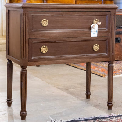 Swedish 2-Drawer Nightstand –  Brass Pulls & Tall Fluted Legs in Brown