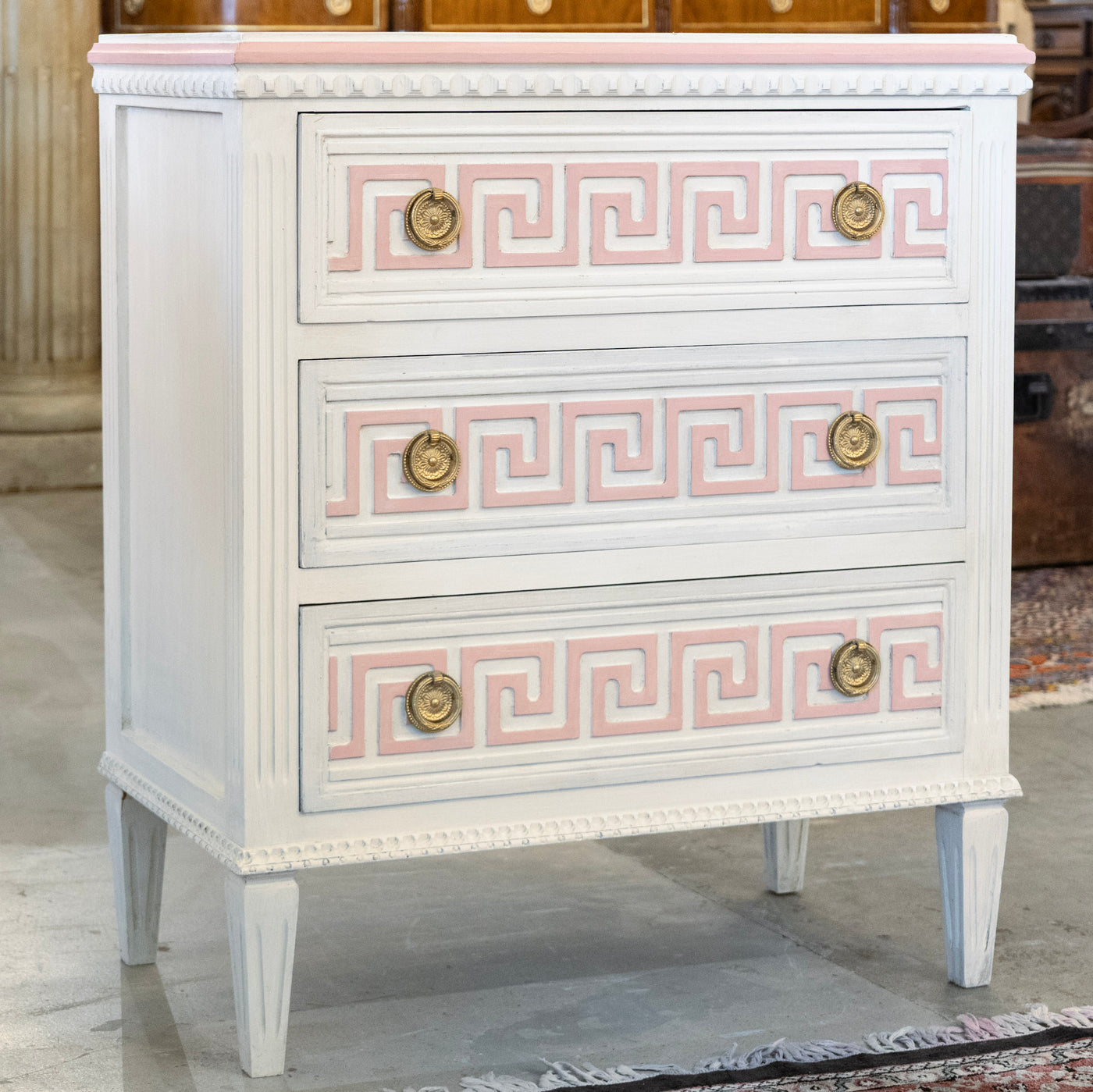 Swedish 3-Drawer Chest – Pink Greek Key Detailing & Beaded Trim in White