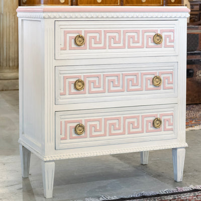 Swedish 3-Drawer Chest – Pink Greek Key Detailing & Beaded Trim in White