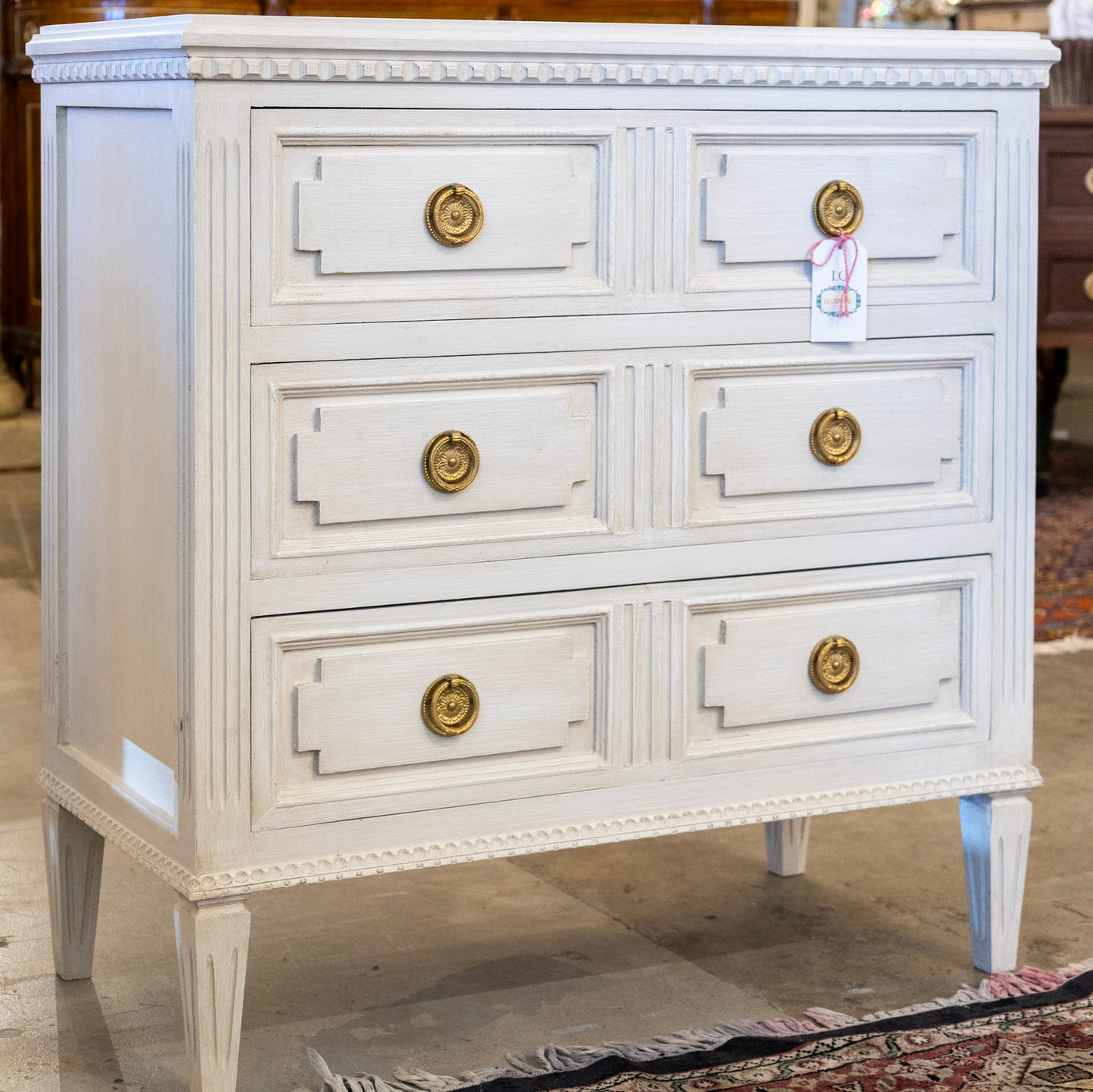 Swedish 3-Drawer Nightstand Multi-Parted Reeded Drawers & Brass Pull Le Chateau Swedish 3-Drawer Nightstand Multi-Parted Reeded Drawers & Brass Pull Le Chateau