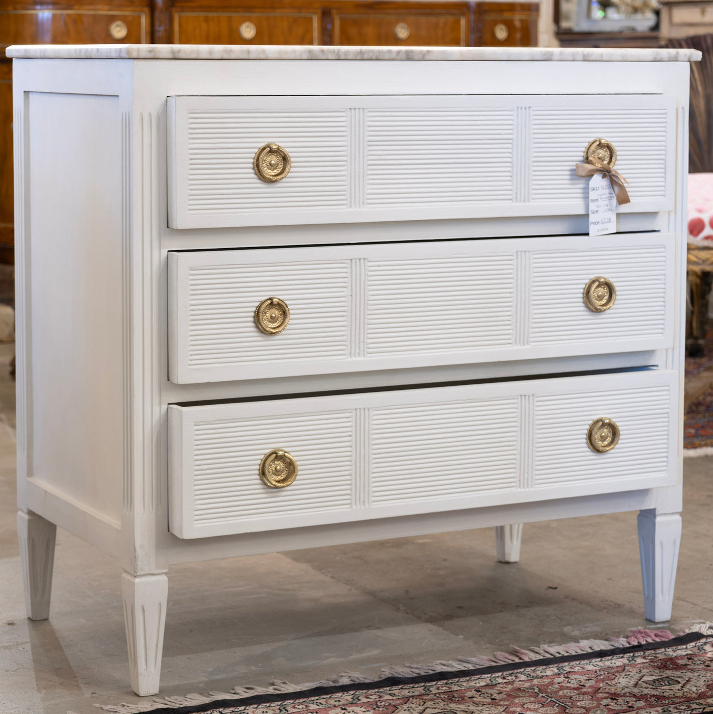 Swedish 3-Drawer Dresser – Reeded Drawers & Marble Top in Dove White