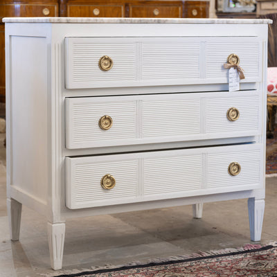 Swedish 3-Drawer Dresser – Reeded Drawers & Marble Top in Dove White