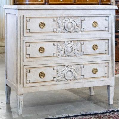 Swedish 3-Drawer Chest – Closed Block Carved Wreath Trim Detailing in Distressed Grey Finish