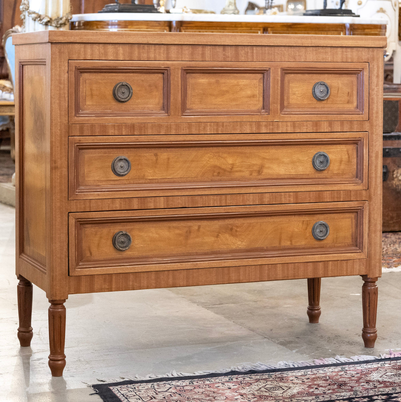 Louis XVI 3-Drawer Dresser – Honey Burl Wood Finish & Large Ring Pulls