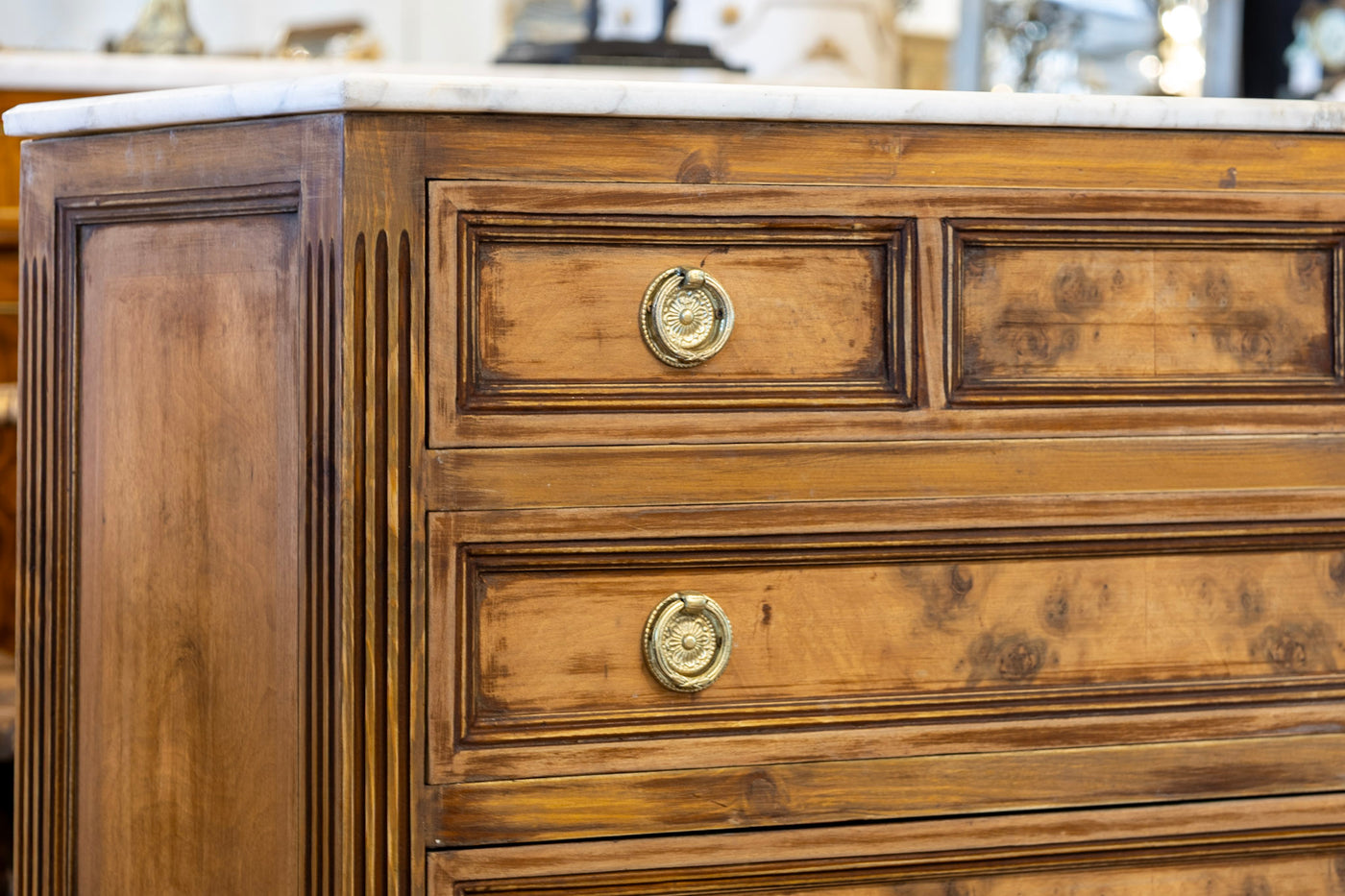 Louis XVI 3-Drawer Dresser – Honey Burl Wood & Marble Top