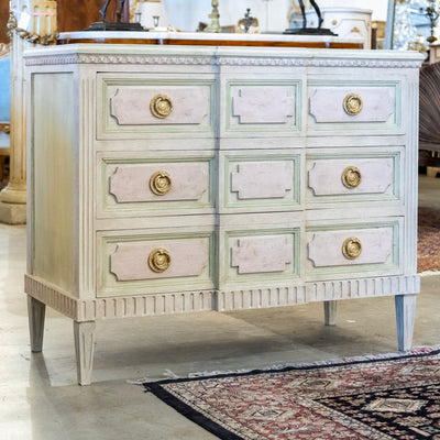 Swedish 3-Drawer Dresser – Beveled Drawers & Distressed Pink-Green Finish