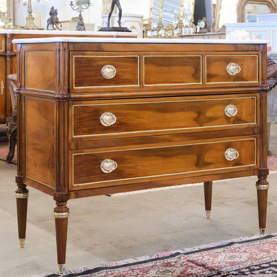 Louis XVI Burl Wood Chest with White Marble Top, Brass Ring Pulls & Tapered Brass Legs