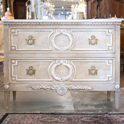 Swedish 2-Drawer Dresser – Open Carved Drawer with Wreath Detailing and Distressed Apricot Finish