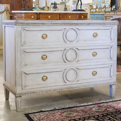 Swedish 3-Drawer Dresser – Open Trim Circular Detail & Large Brass Pulls in Textured Grey