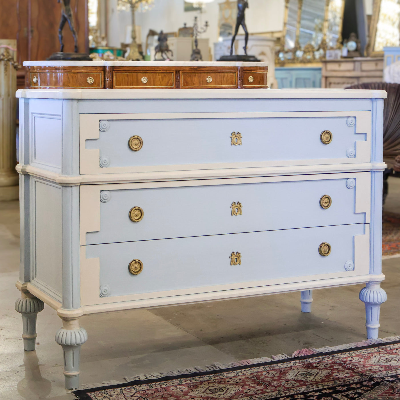 Swedish Blue 3-Drawer Dresser – Large Brass Pulls & Ballerina Legs