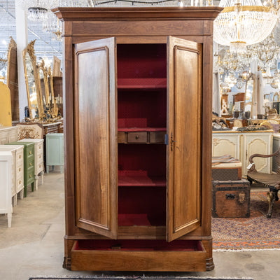 Louis Philippe Walnut Armoire – Original Red Fabric Interior with Shelves & Lower Drawer
