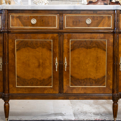 Louis XVI Demilune Sideboard – Burl Wood with Marble Top and Gold Accents