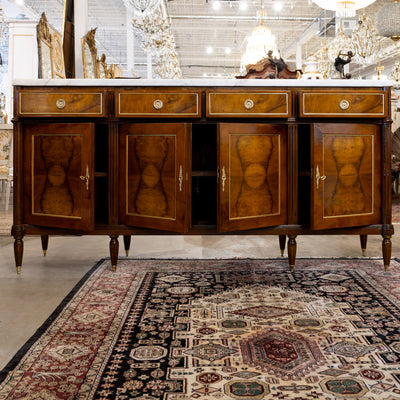 Louis XVI Square Sideboard – Burl Wood & White Marble Top and Gold Trim