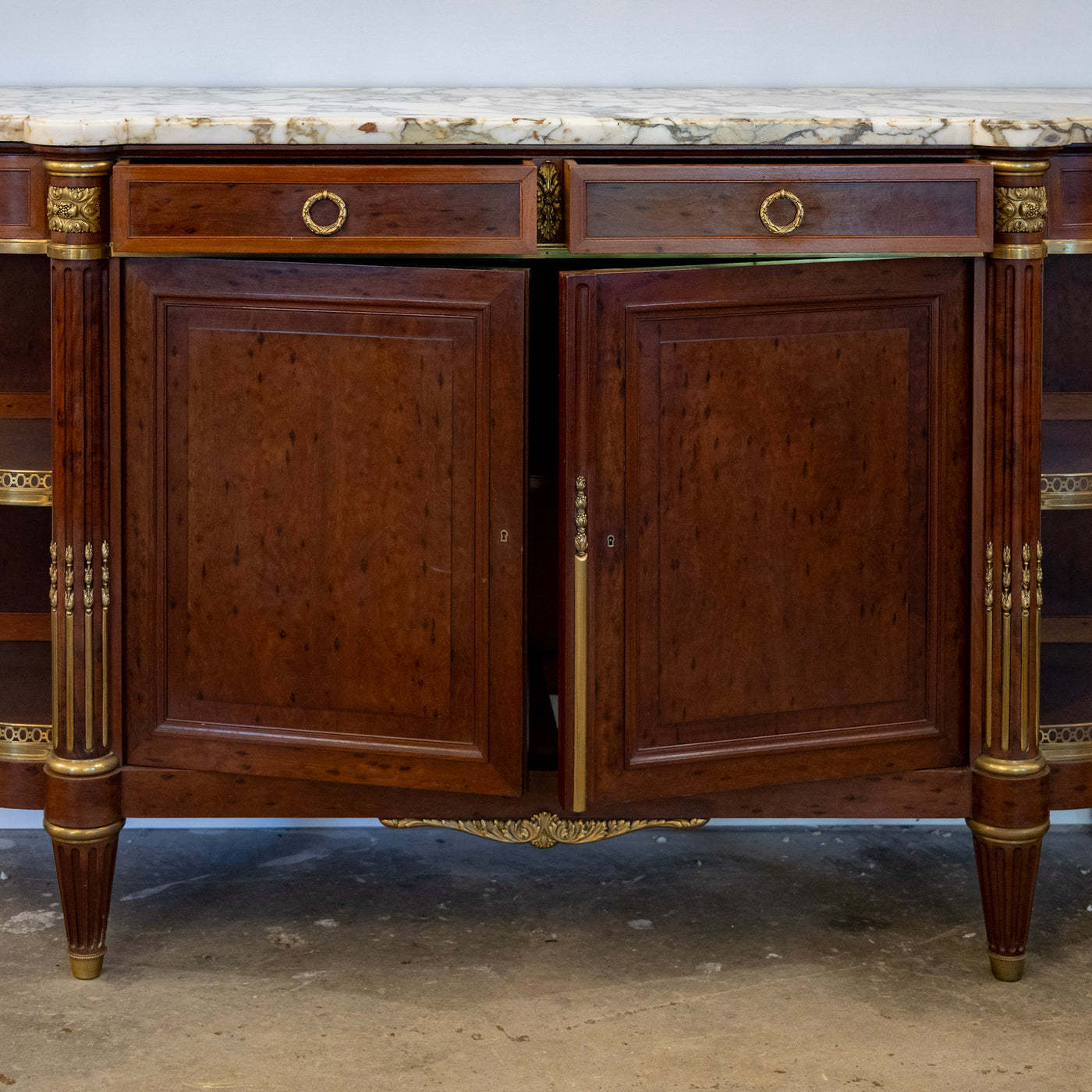 Louis XVI Burl Walnut Demilune Sideboard – Calacatta Vagli Oro Marble Top & Bronze Ormolu