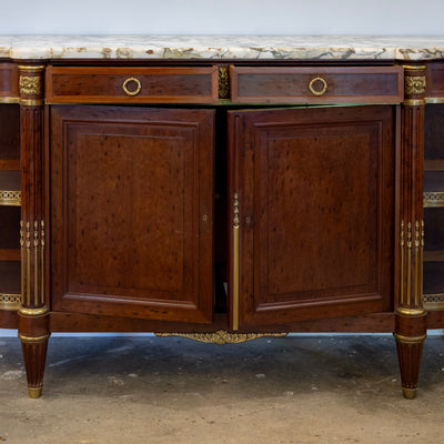 Louis XVI Burl Walnut Demilune Sideboard – Calacatta Vagli Oro Marble Top & Bronze Ormolu