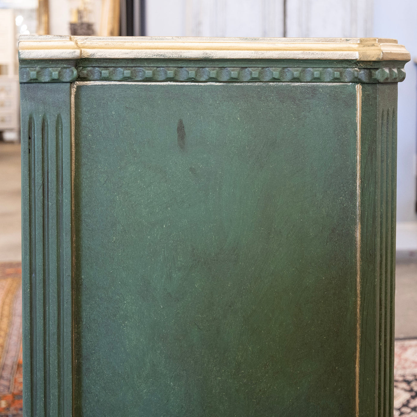 Swedish Painted Ten Drawer Sideboard – Green with Gold Diamond Panels & Trim