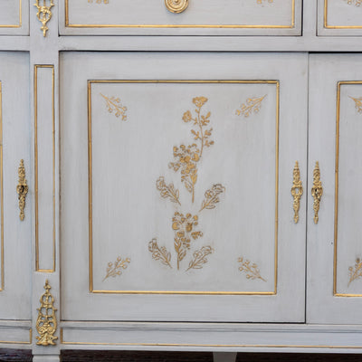 Louis XVI Blue Hand Painted Sideboard – Gilded Floral Detailing & White Marble Top