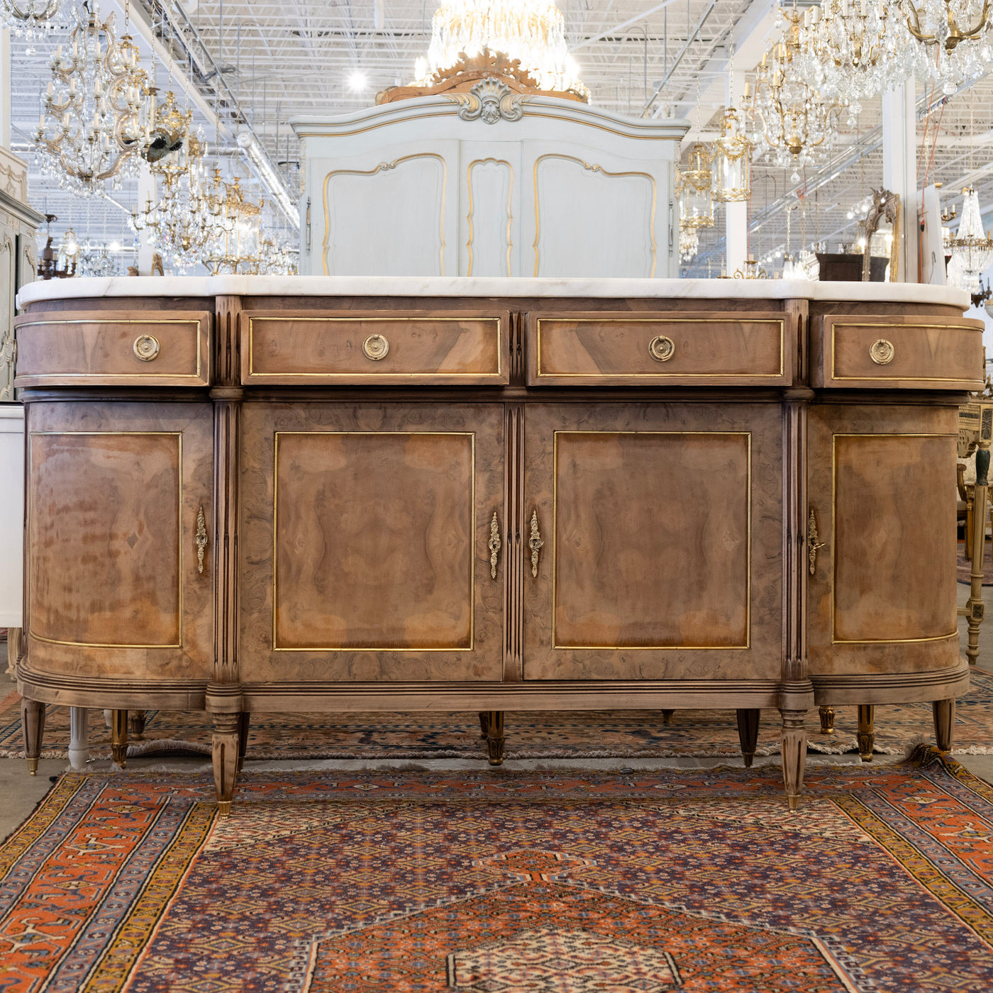 Louis XVI Demilune Sideboard – Stripped Burl Wood with White Marble Top