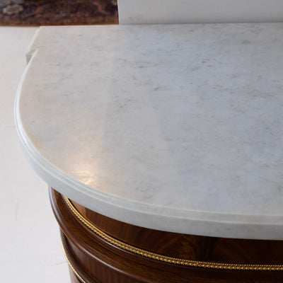 Louis XVI Burl Wood Demilune Sideboard – Gilded Bronze Accents & White Marble Top