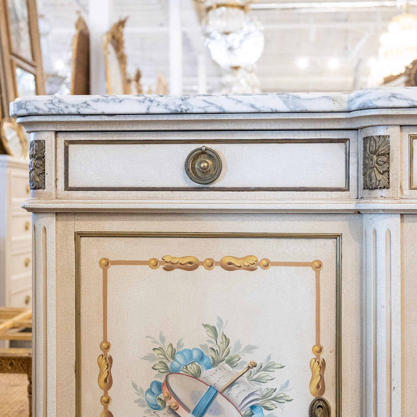 French White Hand-Painted Sideboard – Crackle Finish & Original Marble Top