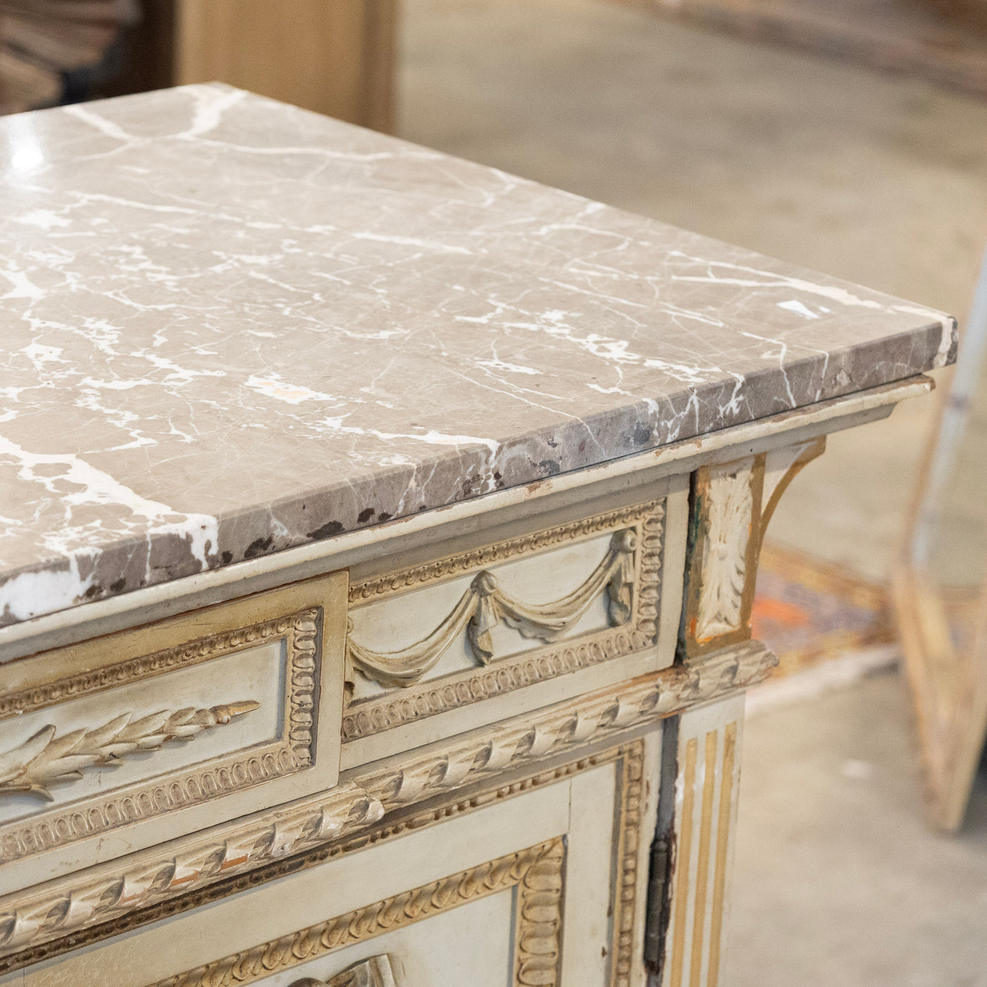 Louis XVI Sage Green Gilded Sideboard – Musical Ribbon Carvings & Breccia Marble Top