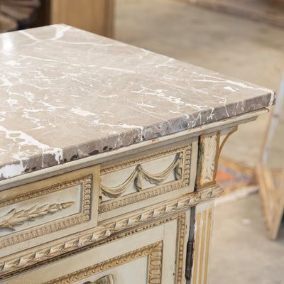 Louis XVI Sage Green Gilded Sideboard – Musical Ribbon Carvings & Breccia Marble Top