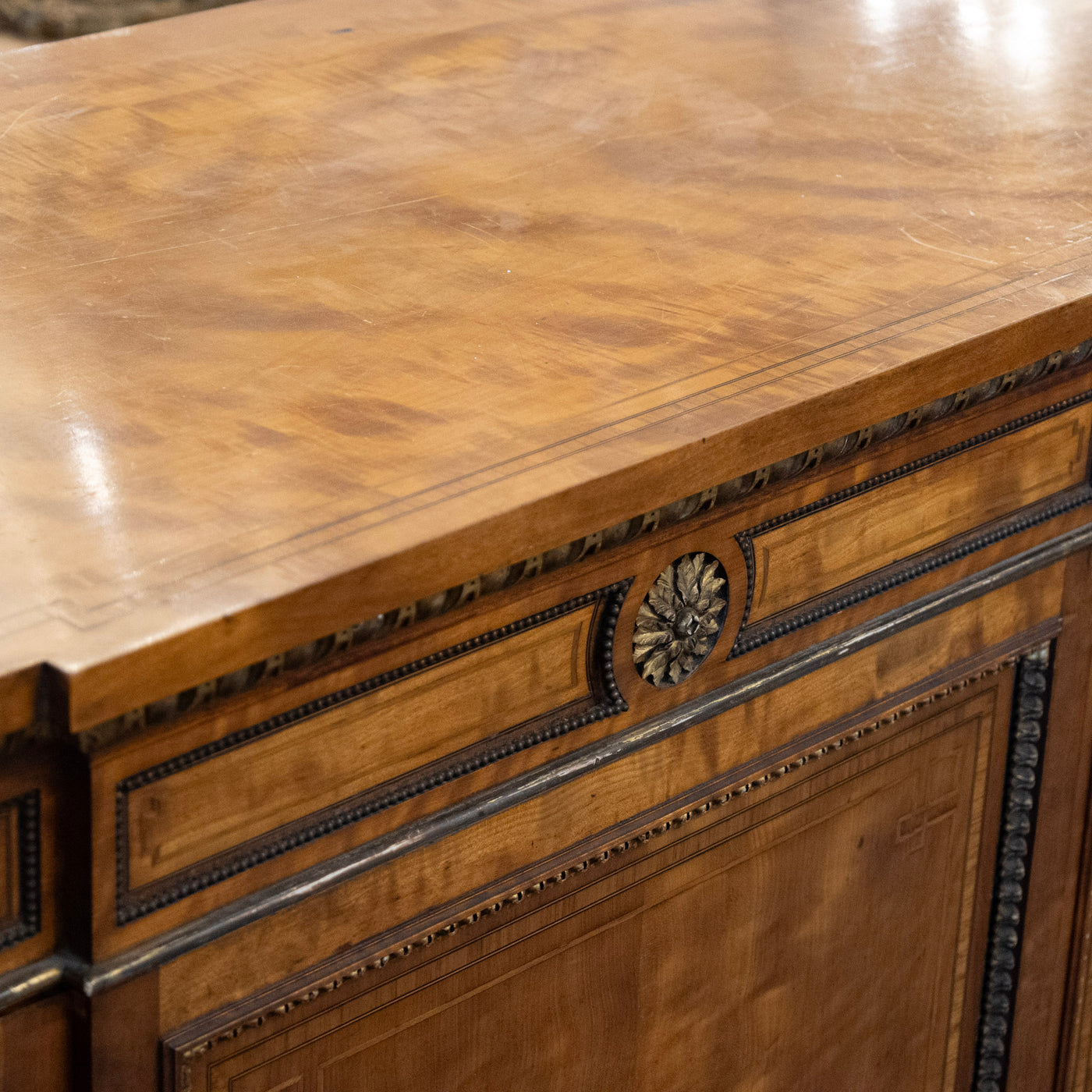 French Empire Demilune Sideboard – Neoclassical Medallions & Curved Mirror Shelves