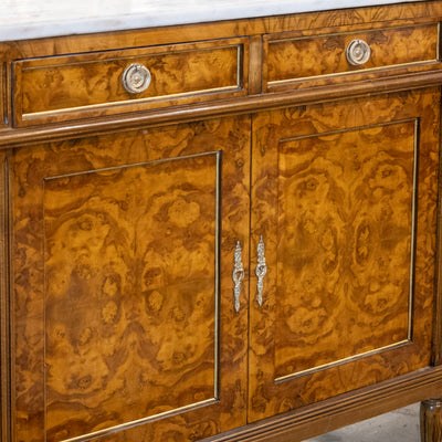 Louis XVI Burl Wood Sideboard with Brass Hardware & White Marble Top