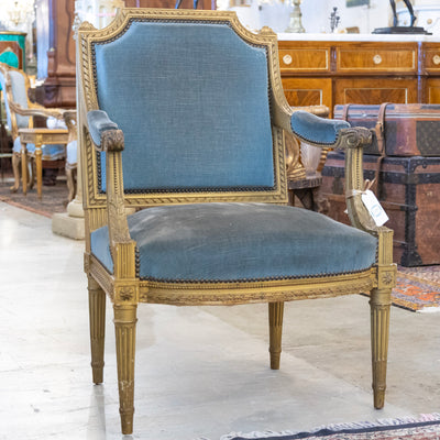 Louis XVI Captain Chair in Blue – Gilded Frame & Original Patina